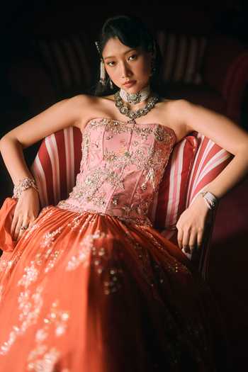 Buy Paulmi And Harsh Orange Net, Organza Embroidery Bandeau Neck Delilah Print Lehenga Corset Set Online at Aza Fashions Buy_Paulmi And Harsh_Orange Net, Organza Embroidery Bandeau Neck Delilah Print Lehenga Corset Set _Online_at_Aza_Fashions