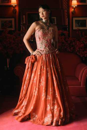 Buy Paulmi And Harsh Orange Net, Organza Embroidery Bandeau Neck Delilah Print Lehenga Corset Set Buy_Paulmi And Harsh_Orange Net, Organza Embroidery Bandeau Neck Delilah Print Lehenga Corset Set