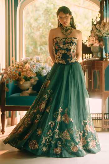 Paulmi And Harsh Green Organza, Net Embroidery, Beads, Twilight Printed Lehenga And Corset Set at Aza Fashions Paulmi And Harsh_Green Organza, Net Embroidery, Beads, Twilight Printed Lehenga And Corset Set _at_Aza_Fashions