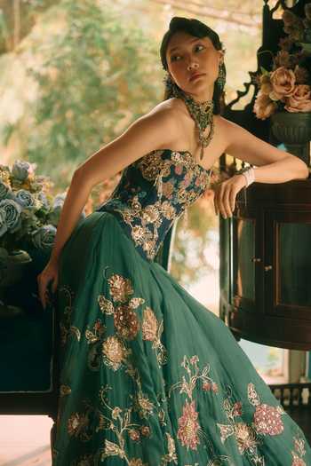 Shop Paulmi And Harsh Green Organza, Net Embroidery, Beads, Twilight Printed Lehenga And Corset Set Shop_Paulmi And Harsh_Green Organza, Net Embroidery, Beads, Twilight Printed Lehenga And Corset Set