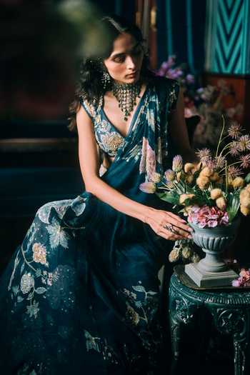 Shop Paulmi And Harsh Green Chiffon, Net V-neck Soul Floral Print Pre-draped Saree With Blouse Online at Aza Fashions Shop_Paulmi And Harsh_Green Chiffon, Net V-neck Soul Floral Print Pre-draped Saree With Blouse _Online_at_Aza_Fashions