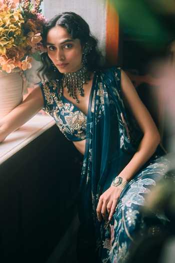 Shop Paulmi And Harsh Green Chiffon, Net V-neck Soul Floral Print Pre-draped Saree With Blouse Shop_Paulmi And Harsh_Green Chiffon, Net V-neck Soul Floral Print Pre-draped Saree With Blouse