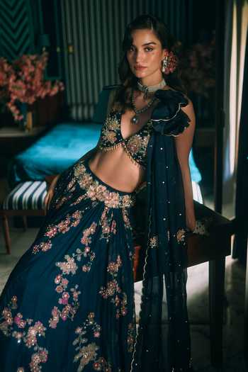 Shop Paulmi And Harsh Blue Organza Sweetheart Neck Bluebell Printed Lehenga Set Online at Aza Fashions Shop_Paulmi And Harsh_Blue Organza Sweetheart Neck Bluebell Printed Lehenga Set _Online_at_Aza_Fashions