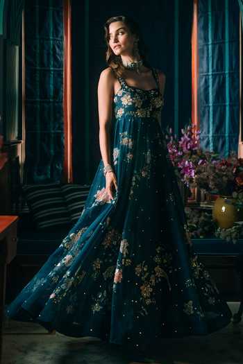 Shop Paulmi And Harsh Blue Organza, Satin Sweetheart Neck Rue Printed Anarkali With Cape Online at Aza Fashions Shop_Paulmi And Harsh_Blue Organza, Satin Sweetheart Neck Rue Printed Anarkali With Cape _Online_at_Aza_Fashions