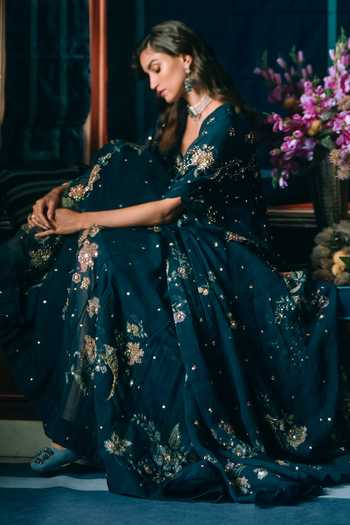Buy Paulmi And Harsh Blue Organza, Satin Sweetheart Neck Rue Printed Anarkali With Cape Buy_Paulmi And Harsh_Blue Organza, Satin Sweetheart Neck Rue Printed Anarkali With Cape