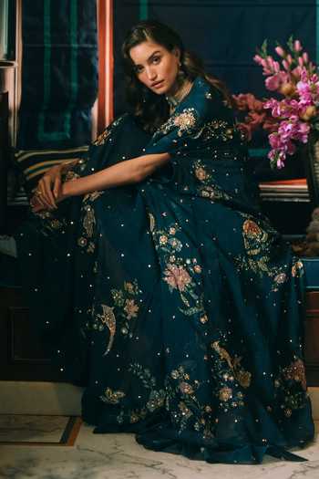 Shop Paulmi And Harsh Green Organza, Satin Scoop Neck Rue Floral Print Anarkali Shop_Paulmi And Harsh_Green Organza, Satin Scoop Neck Rue Floral Print Anarkali