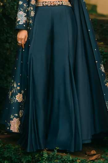 Paulmi And Harsh Green Silk, Cotton Open Neck, Bandeau Whisper Flower Print Jacket Palazzo Set Online at Aza Fashions Paulmi And Harsh_Green Silk, Cotton Open Neck, Bandeau Whisper Flower Print Jacket Palazzo Set _Online_at_Aza_Fashions