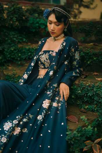 Buy Paulmi And Harsh Green Silk, Cotton Open Neck, Bandeau Whisper Flower Print Jacket Palazzo Set Online at Aza Fashions Buy_Paulmi And Harsh_Green Silk, Cotton Open Neck, Bandeau Whisper Flower Print Jacket Palazzo Set _Online_at_Aza_Fashions