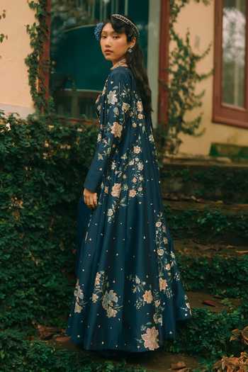 Shop Paulmi And Harsh Green Silk, Cotton Open Neck, Bandeau Whisper Flower Print Jacket Palazzo Set Online at Aza Fashions Shop_Paulmi And Harsh_Green Silk, Cotton Open Neck, Bandeau Whisper Flower Print Jacket Palazzo Set _Online_at_Aza_Fashions