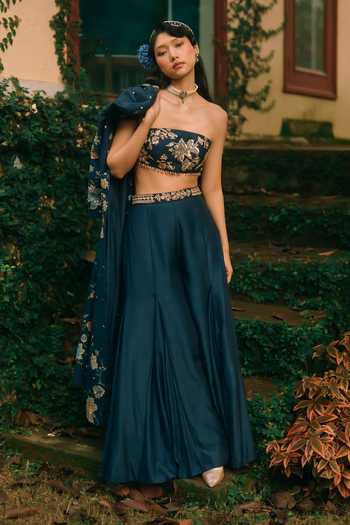 Paulmi And Harsh Green Silk, Cotton Open Neck, Bandeau Whisper Flower Print Jacket Palazzo Set at Aza Fashions Paulmi And Harsh_Green Silk, Cotton Open Neck, Bandeau Whisper Flower Print Jacket Palazzo Set _at_Aza_Fashions