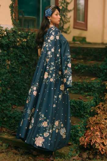 Buy Paulmi And Harsh Green Silk, Cotton Open Neck, Bandeau Whisper Flower Print Jacket Palazzo Set Buy_Paulmi And Harsh_Green Silk, Cotton Open Neck, Bandeau Whisper Flower Print Jacket Palazzo Set