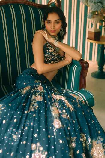 Buy Paulmi And Harsh Blue Organza, Net Sweetheart Neck Whimsy Printed And Embroidered Lehenga Set Online at Aza Fashions Buy_Paulmi And Harsh_Blue Organza, Net Sweetheart Neck Whimsy Printed And Embroidered Lehenga Set _Online_at_Aza_Fashions