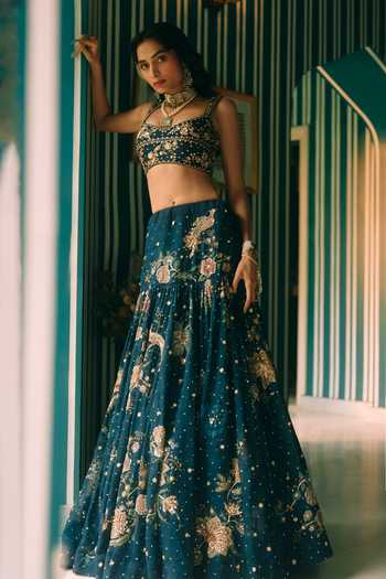 Shop Paulmi And Harsh Blue Organza, Net Sweetheart Neck Whimsy Printed And Embroidered Lehenga Set Online at Aza Fashions Shop_Paulmi And Harsh_Blue Organza, Net Sweetheart Neck Whimsy Printed And Embroidered Lehenga Set _Online_at_Aza_Fashions