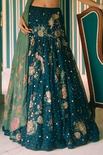 Paulmi And Harsh Blue Organza, Net Sweetheart Neck Whimsy Printed And Embroidered Lehenga Set at Aza Fashions Paulmi And Harsh_Blue Organza, Net Sweetheart Neck Whimsy Printed And Embroidered Lehenga Set _at_Aza_Fashions
