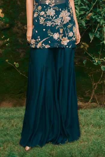 Paulmi And Harsh_Blue Cotton, Silk, Organza High Neck Moonbeam Embroidered Kurta With Palazzo _Online_at_Aza_Fashions