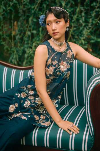 Buy_Paulmi And Harsh_Blue Cotton, Silk, Organza High Neck Moonbeam Embroidered Kurta With Palazzo _Online_at_Aza_Fashions