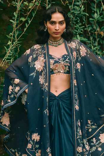 Buy Paulmi And Harsh Blue Organza, Cotton Silk Sweetheart Neck Starlight Printed Cape Skirt Set Online at Aza Fashions Buy_Paulmi And Harsh_Blue Organza, Cotton Silk Sweetheart Neck Starlight Printed Cape Skirt Set _Online_at_Aza_Fashions