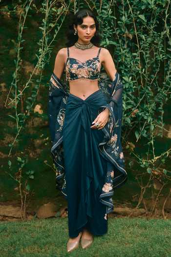 Shop Paulmi And Harsh Blue Organza, Cotton Silk Sweetheart Neck Starlight Printed Cape Skirt Set Online at Aza Fashions Shop_Paulmi And Harsh_Blue Organza, Cotton Silk Sweetheart Neck Starlight Printed Cape Skirt Set _Online_at_Aza_Fashions