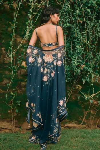 Paulmi And Harsh Blue Organza, Cotton Silk Sweetheart Neck Starlight Printed Cape Skirt Set at Aza Fashions Paulmi And Harsh_Blue Organza, Cotton Silk Sweetheart Neck Starlight Printed Cape Skirt Set _at_Aza_Fashions