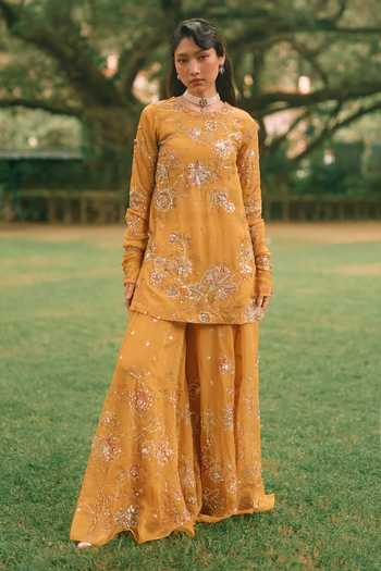 Paulmi And Harsh_Yellow Organza Embroidery, Sequins, Zari Round Neck, Yes Leonara Kurta Set _at_Aza_Fashions