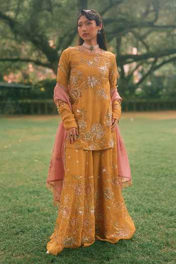 Paulmi And Harsh_Yellow Organza Embroidery, Sequins, Stones Round Leonara Kurta And Palazzo Set _at_Aza_Fashions