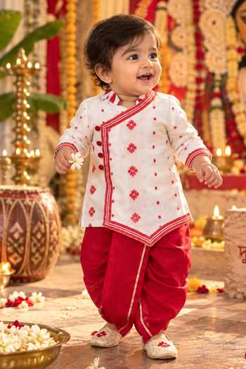 Rage Attire-Sweta Saria Laal Phool Dhakai Angarkha Kurta Set 