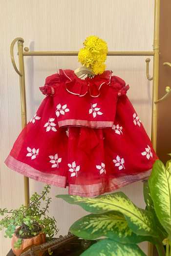 Rage Attire-Sweta Saria Red Cotton Leaf Embroidered Lehenga And Blouse Set Online at Aza Fashions Rage Attire-Sweta Saria_Red Cotton Leaf Embroidered Lehenga And Blouse Set _Online_at_Aza_Fashions