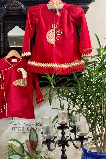 Shop_Rage Attire-Sweta Saria_Red Cotton, Muslin (mulmul) Piping Durga Shakti Kurta And Dhoti Pant Set _Online_at_Aza_Fashions