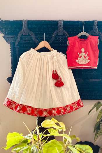 Shop_Rage Attire-Sweta Saria_Red Cotton, Muslin (mulmul) Kamala Devi Embroidered Blouse And Lehenga Set _Online_at_Aza_Fashions