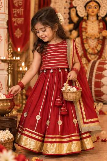 Rage Attire-Sweta Saria Red Cotton Gulab Gotta Mirror Embroidered Lehenga Set Online at Aza Fashions Rage Attire-Sweta Saria_Red Cotton Gulab Gotta Mirror Embroidered Lehenga Set _Online_at_Aza_Fashions