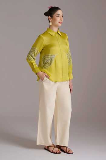 Shop JAYN India Green Satin, Linen Collared Neck Fatima Embroidered Shirt Online at Aza Fashions Shop_JAYN India_Green Satin, Linen Collared Neck Fatima Embroidered Shirt _Online_at_Aza_Fashions
