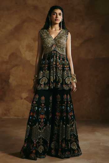 Aman Takyar Black Dupion, Silk V-neck Embroidered Peplum Kurta And Sharara Set Online at Aza Fashions Aman Takyar_Black Dupion, Silk V-neck Embroidered Peplum Kurta And Sharara Set _Online_at_Aza_Fashions