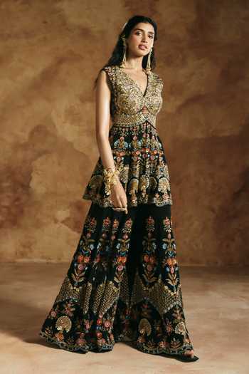 Buy Aman Takyar Black Dupion, Silk V-neck Embroidered Peplum Kurta And Sharara Set Online at Aza Fashions Buy_Aman Takyar_Black Dupion, Silk V-neck Embroidered Peplum Kurta And Sharara Set _Online_at_Aza_Fashions