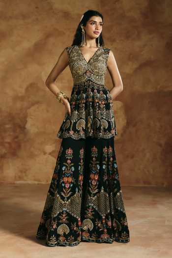 Shop Aman Takyar Black Dupion, Silk V-neck Embroidered Peplum Kurta And Sharara Set Online at Aza Fashions Shop_Aman Takyar_Black Dupion, Silk V-neck Embroidered Peplum Kurta And Sharara Set _Online_at_Aza_Fashions