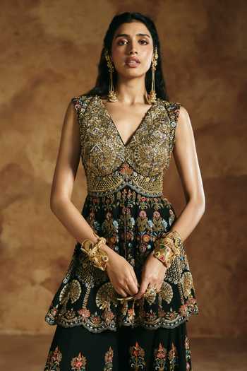 Aman Takyar Black Dupion, Silk V-neck Embroidered Peplum Kurta And Sharara Set at Aza Fashions Aman Takyar_Black Dupion, Silk V-neck Embroidered Peplum Kurta And Sharara Set _at_Aza_Fashions