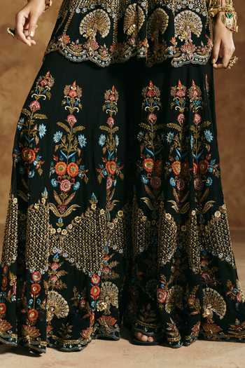 Buy Aman Takyar Black Dupion, Silk V-neck Embroidered Peplum Kurta And Sharara Set Buy_Aman Takyar_Black Dupion, Silk V-neck Embroidered Peplum Kurta And Sharara Set
