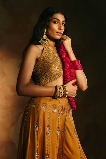 Aman Takyar Yellow Silk, Organza, Dupion Halter Neck Embroidered Blouse Sharara Set Online at Aza Fashions Aman Takyar_Yellow Silk, Organza, Dupion Halter Neck Embroidered Blouse Sharara Set _Online_at_Aza_Fashions