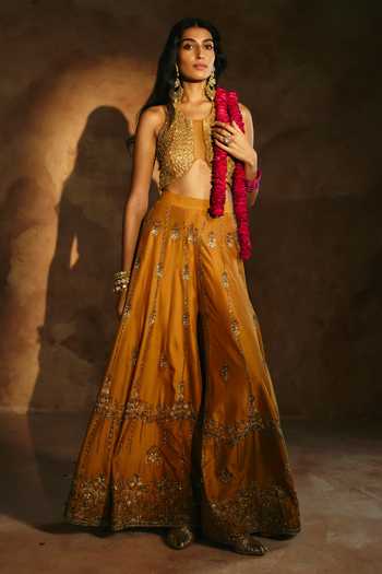 Buy Aman Takyar Yellow Silk, Organza, Dupion Halter Neck Embroidered Blouse Sharara Set Online at Aza Fashions Buy_Aman Takyar_Yellow Silk, Organza, Dupion Halter Neck Embroidered Blouse Sharara Set _Online_at_Aza_Fashions