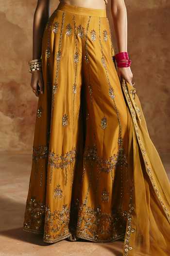 Shop Aman Takyar Yellow Silk, Organza, Dupion Halter Neck Embroidered Blouse Sharara Set Online at Aza Fashions Shop_Aman Takyar_Yellow Silk, Organza, Dupion Halter Neck Embroidered Blouse Sharara Set _Online_at_Aza_Fashions