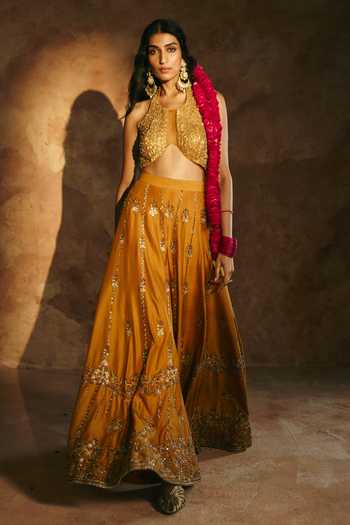 Buy Aman Takyar Yellow Silk, Organza, Dupion Halter Neck Embroidered Blouse Sharara Set Buy_Aman Takyar_Yellow Silk, Organza, Dupion Halter Neck Embroidered Blouse Sharara Set