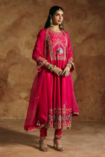 Aman Takyar_Pink Silk, Organza, Dupion Round Neck Embroidered Anarkali Set _Online_at_Aza_Fashions