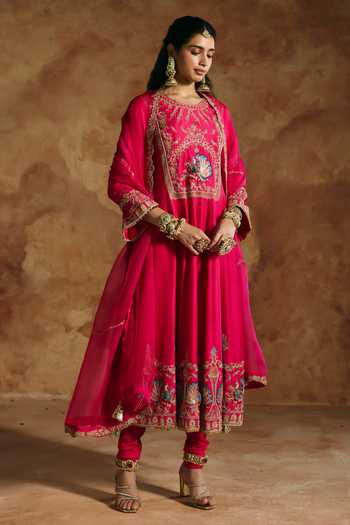 Buy_Aman Takyar_Pink Silk, Organza, Dupion Round Neck Embroidered Anarkali Set _Online_at_Aza_Fashions