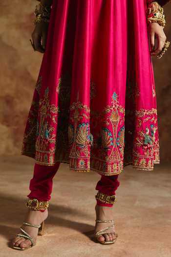 Shop_Aman Takyar_Pink Silk, Organza, Dupion Round Neck Embroidered Anarkali Set _Online_at_Aza_Fashions