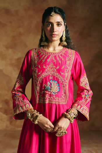 Aman Takyar_Pink Silk, Organza, Dupion Round Neck Embroidered Anarkali Set _at_Aza_Fashions