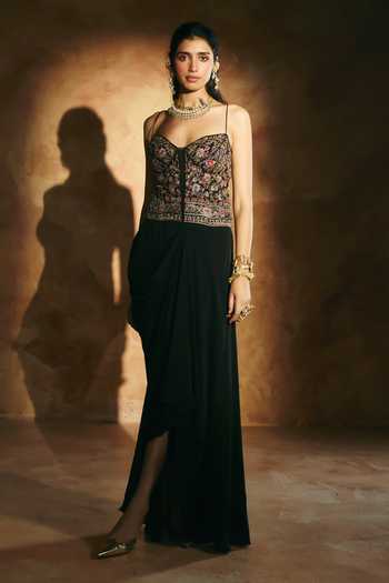 Shop Aman Takyar Black Silk, Organza, Dupion Zari, Beads Embroidered Corset And Skirt Set Online at Aza Fashions Shop_Aman Takyar_Black Silk, Organza, Dupion Zari, Beads Embroidered Corset And Skirt Set _Online_at_Aza_Fashions