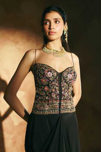 Aman Takyar Black Silk, Organza, Dupion Zari, Beads Embroidered Corset And Skirt Set at Aza Fashions Aman Takyar_Black Silk, Organza, Dupion Zari, Beads Embroidered Corset And Skirt Set _at_Aza_Fashions