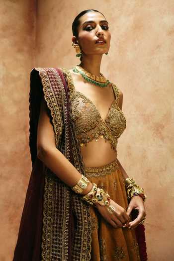 Aman Takyar Gold Silk, Organza, Dupion Sweetheart Neck Thread Embroidered Lehenga Set at Aza Fashions Aman Takyar_Gold Silk, Organza, Dupion Sweetheart Neck Thread Embroidered Lehenga Set _at_Aza_Fashions