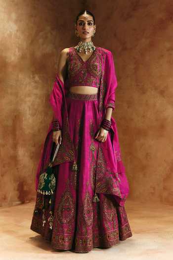 Shop Aman Takyar Pink Silk, Organza, Dupion V-neck Embroidered Lehenga Set Online at Aza Fashions Shop_Aman Takyar_Pink Silk, Organza, Dupion V-neck Embroidered Lehenga Set _Online_at_Aza_Fashions