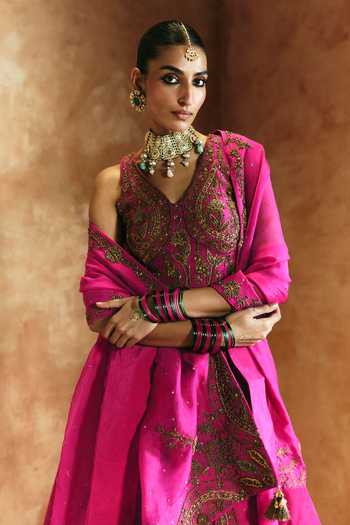 Aman Takyar Pink Silk, Organza, Dupion V-neck Embroidered Lehenga Set at Aza Fashions Aman Takyar_Pink Silk, Organza, Dupion V-neck Embroidered Lehenga Set _at_Aza_Fashions