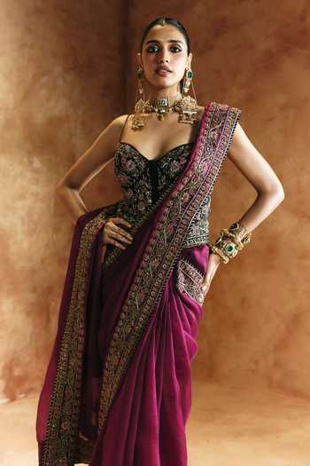 Aman Takyar Purple Silk, Organza, Dupion Beads, Zari, Stones Embroidered Saree With Corset Online at Aza Fashions Aman Takyar_Purple Silk, Organza, Dupion Beads, Zari, Stones Embroidered Saree With Corset _Online_at_Aza_Fashions